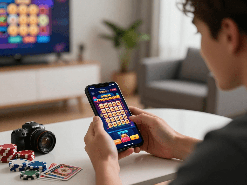 Dewatogel online gambling scene with user engaging in mobile betting excitement