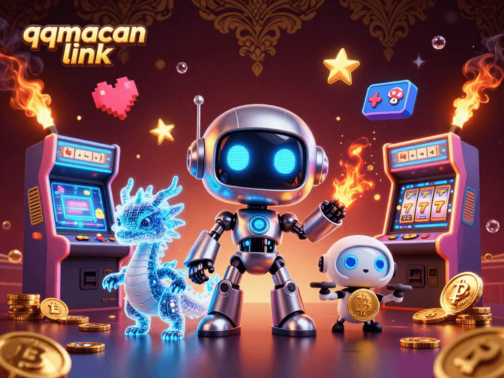 Engage with the vibrant world of qqmacan link, featuring neon-lit robot and gaming elements.