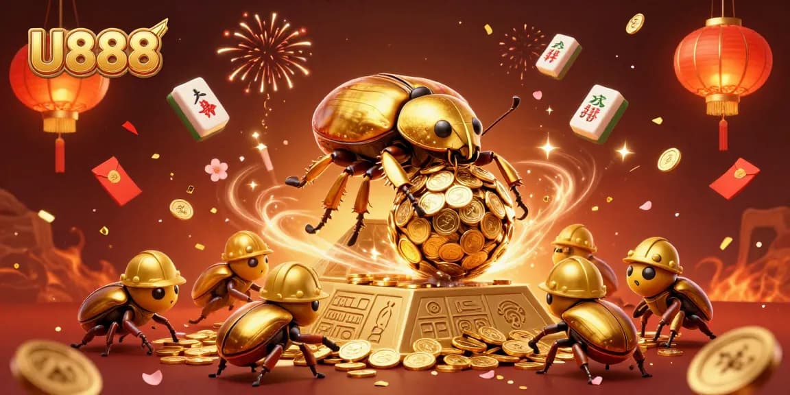 U888 offers an engaging casino experience, showcasing a dynamic scene of golden beetles, coins, and festive elements.