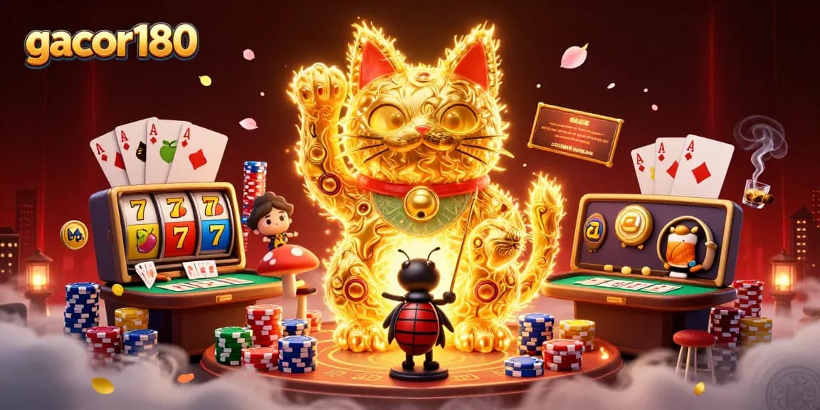 Gacor180 menghibur pemain dengan simbol kasino dari slot dan poker yang meriah.