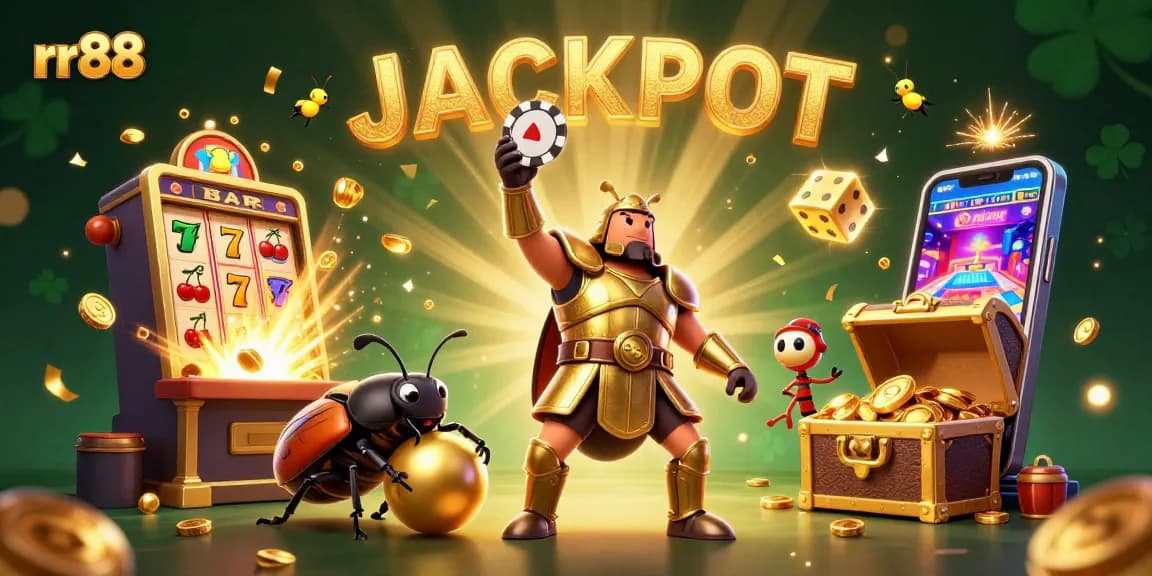 rr88 champions celebrating a jackpot win with vibrant casino game elements surrounding them