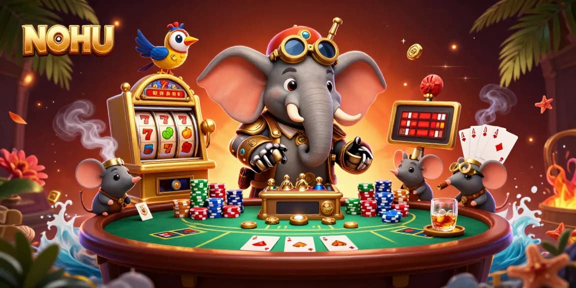 NOHU features an elephant engineer operating a slot machine in a dynamic casino scene.