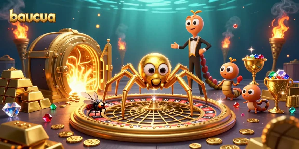 Experience the thrill of baucua with vibrant casino elements and dazzling effects in this 3D illustration.