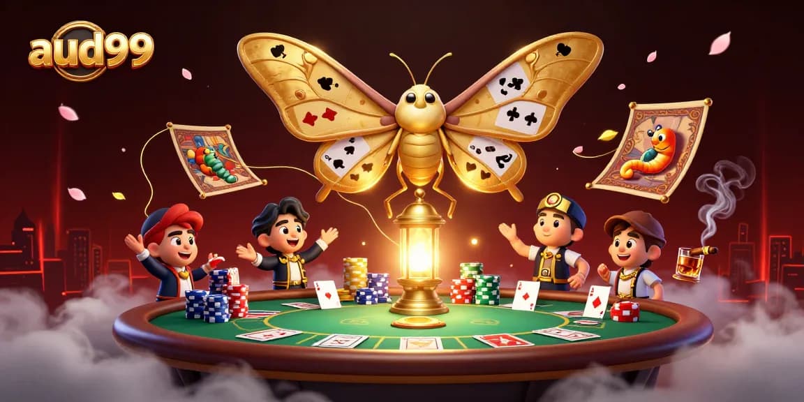 Engage with aud99 online gaming as a celestial atlas moth inspires fortune amid golden casino themes.