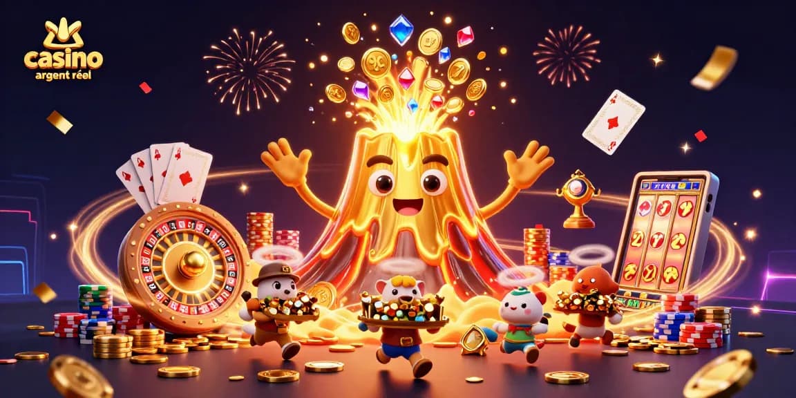 Venez découvrir un volcan animé en or dans un casino en ligne argent réel, rempli de trésor et de jeux.