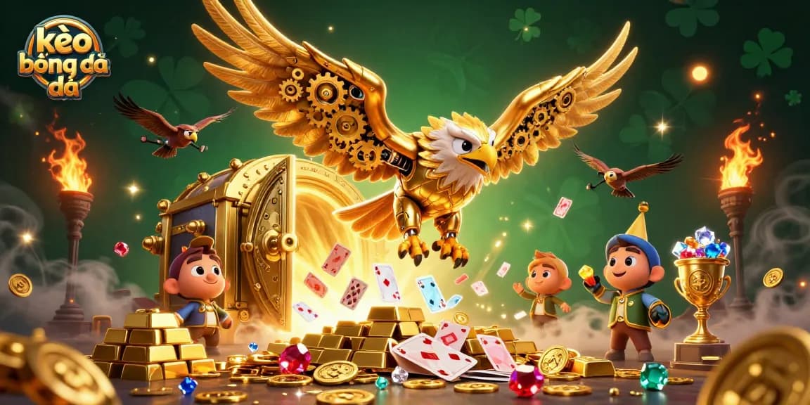 Engage with kèo bóng đá action featuring a cybernetic eagle diving through holographic cards amid gold riches and casino elements.