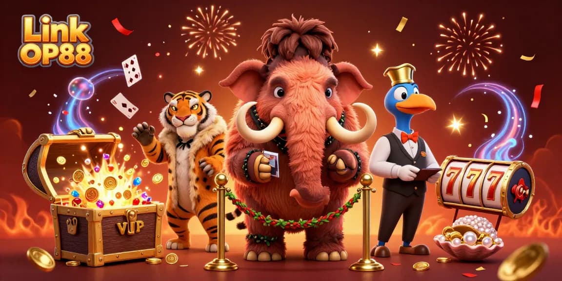 Experience the excitement of winning at Link OP88 with amazing games and vibrant characters in this 3D casino scene.