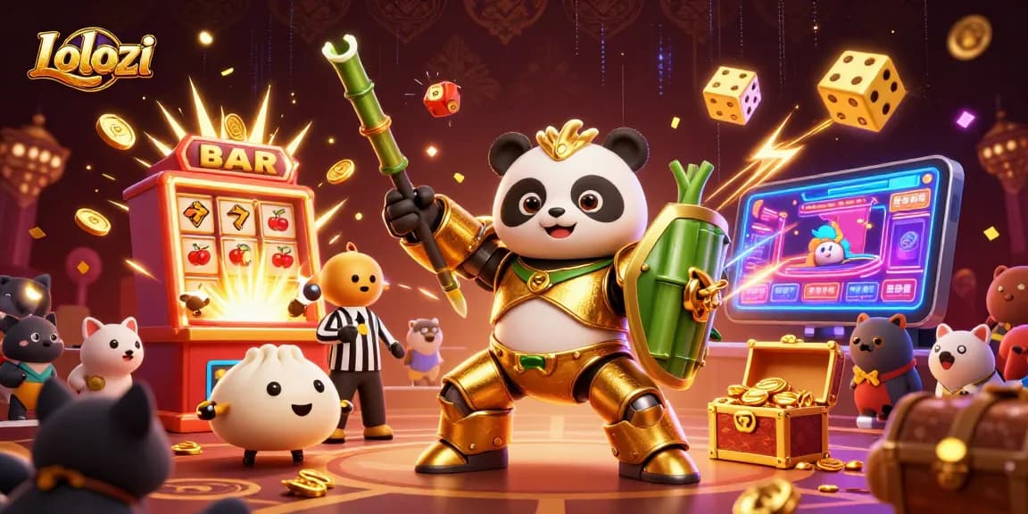 Lolozi showcases a 3D mech-suit panda in an energetic casino arena bursting with jackpots and vibrant gaming elements.