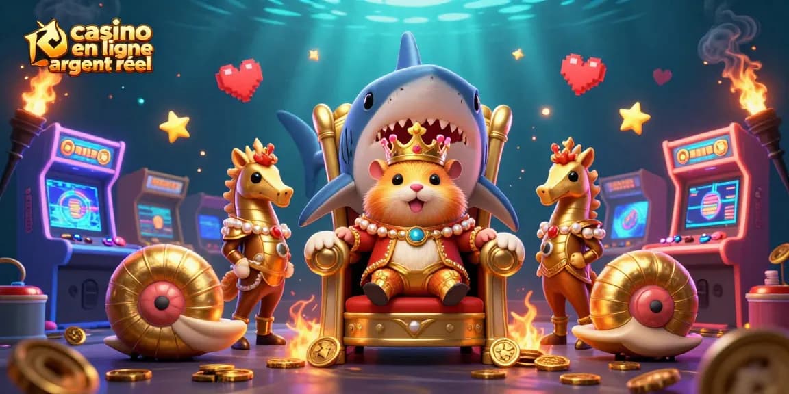 Jouer au casino en ligne argent réel avec un roi hamster fascinant entouré de gardes et de machines de jeu colorées.
