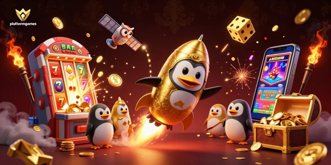 Engaging platformgames experience showcasing vibrant casino elements and a golden penguin character.