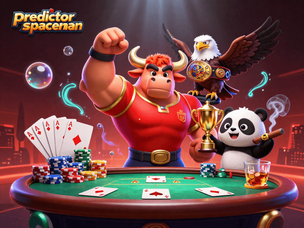 Play slots with predictor spaceman, illustrated by a dynamic victory scene of mascots and casino elements.