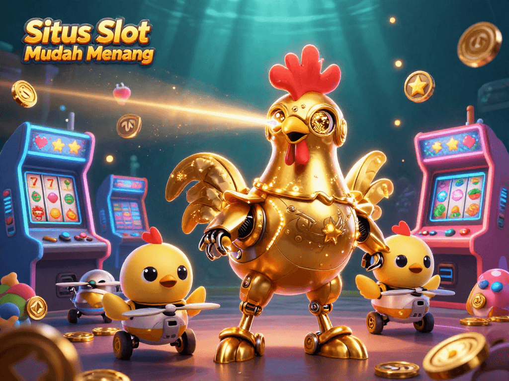 Situs Slot Mudah Menang showcasing a golden rooster robot with baby chick drones, surrounded by vibrant slot elements.