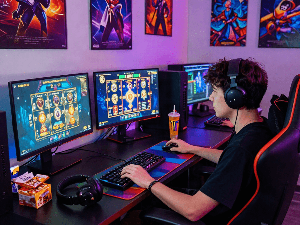Engaging online gaming environment showcasing slot gacor games on multiple screens, colorful ambient lights creating an inviting atmosphere.