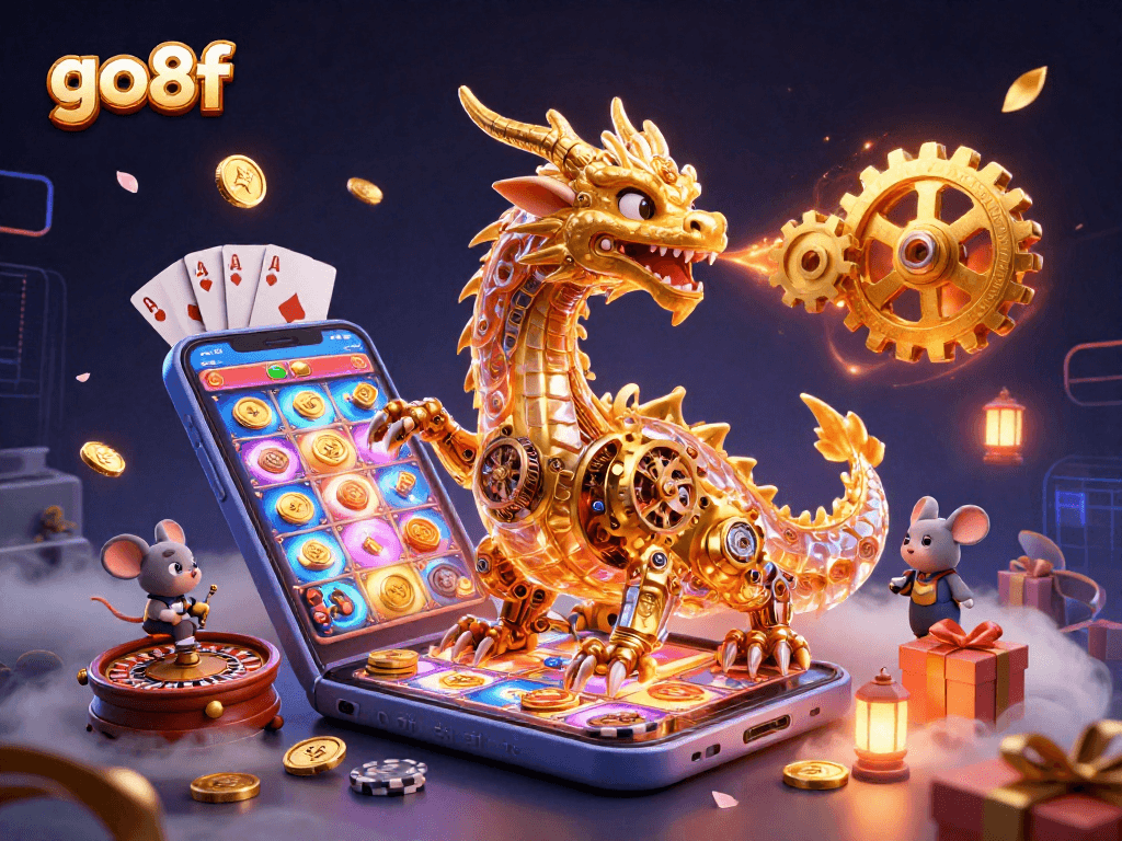 Engage with go8f's vibrant casino experience featuring a golden dragon and exciting slot games.