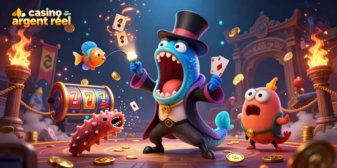 Illustration dynamique d'un casino en ligne argent réel avec un poisson-lanterne et une anguille en pleine magie.