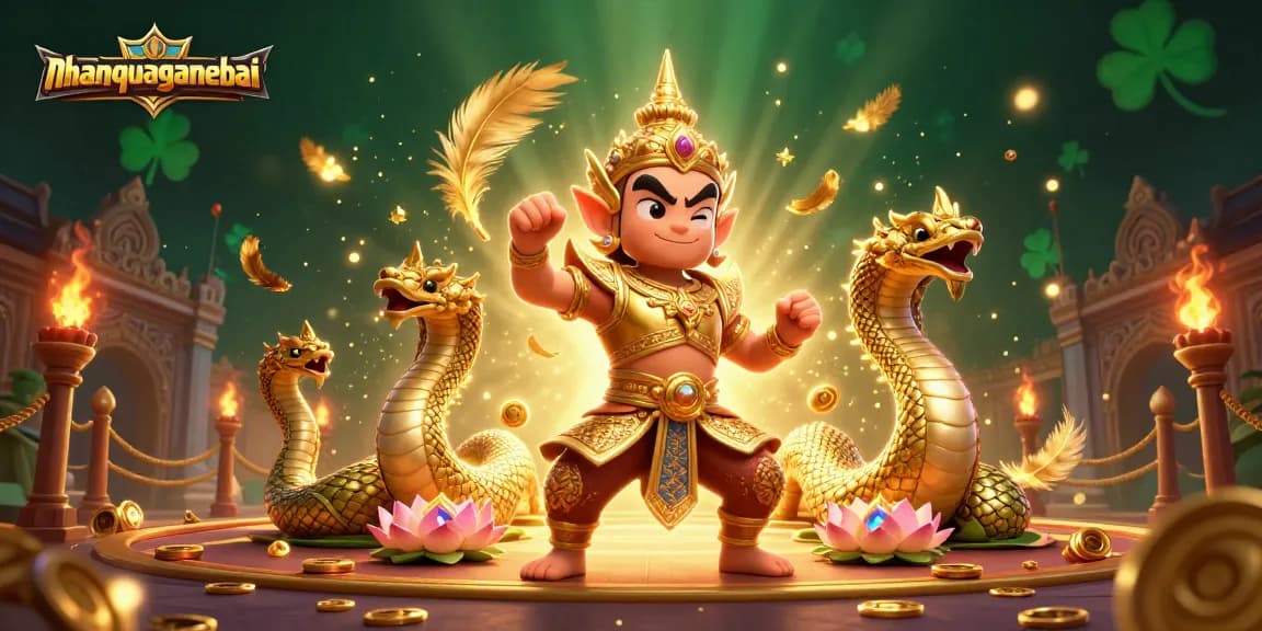 Engage in strategic gameplay at nhanquagamebai with a vibrant scene of a Thai guardian and Naga serpents.