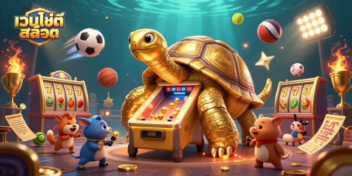 สนุกกับเกมบน เว็บไซต์สล็อต ที่มีเต่าทองยักษ์และสัญลักษณ์สล็อตในบรรยากาศคาสิโน