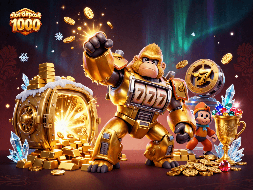 Experience exciting wins at slot deposit 1000 with a dynamic golden gorilla mech, surrounded by treasures and slot elements.