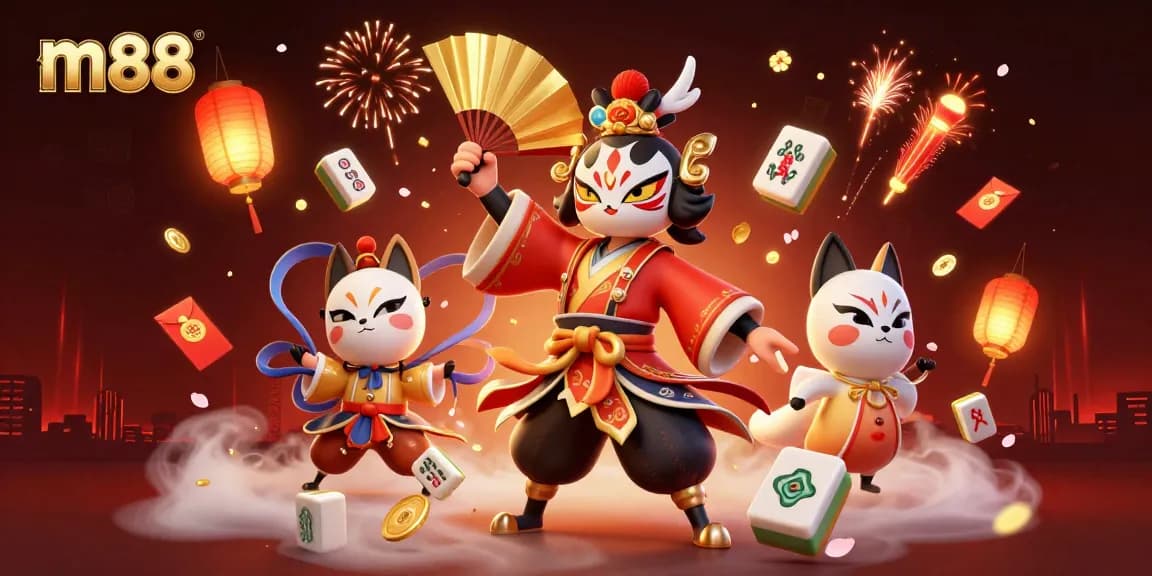 Experience m88's vibrant casino world with kabuki warriors, lantern spirits, and festive symbols.