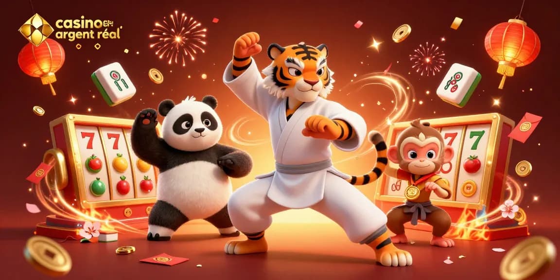 Illustration dynamique de casino en ligne avec argent réel mettant en scène un tigre maître et des personnages de jeu.