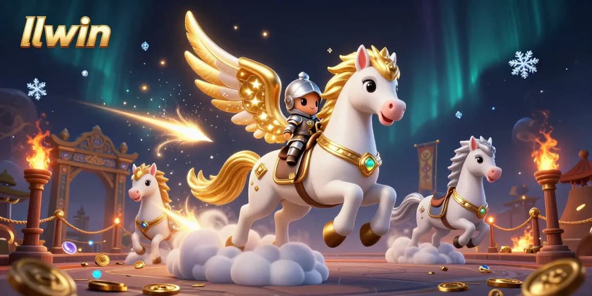 llwin gamblers enjoy a thrilling ride on a celestial horse, surrounded by gold coins and dynamic casino elements.