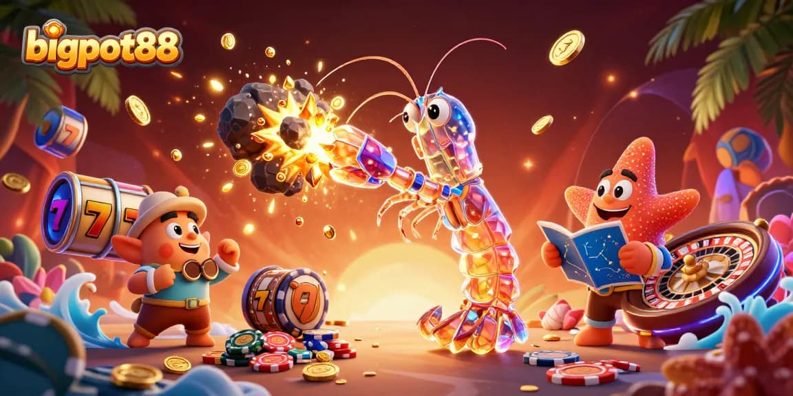 Menampilkan bigpot88 dengan galactic samurai mantis shrimp di kasino bawah laut yang kaya detail.