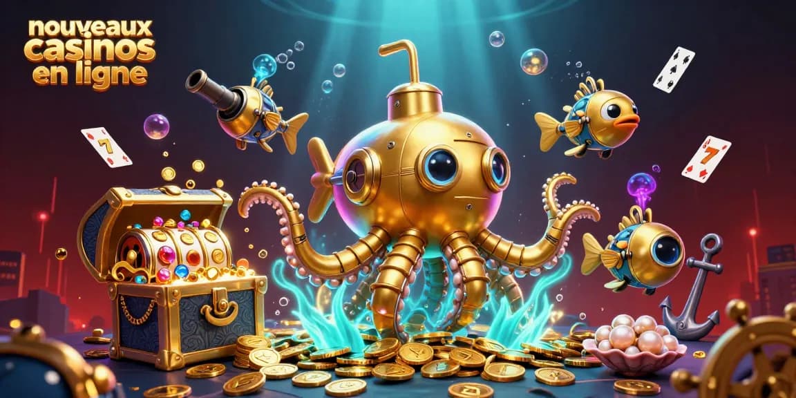 Plongez dans les nouveaux casinos en ligne avec cette illustration 3D d'un kraken doré entouré de jeux de casino.