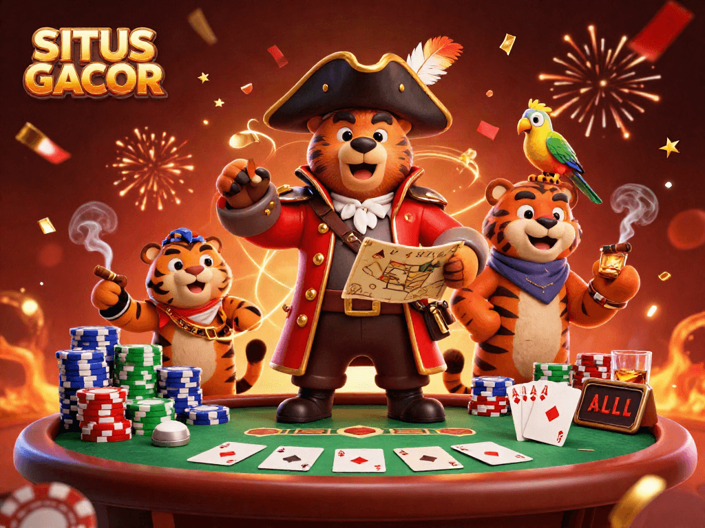 Engage with SITUS GACOR in this vibrant casino scene featuring cartoon pirate bear and tiger with poker elements.