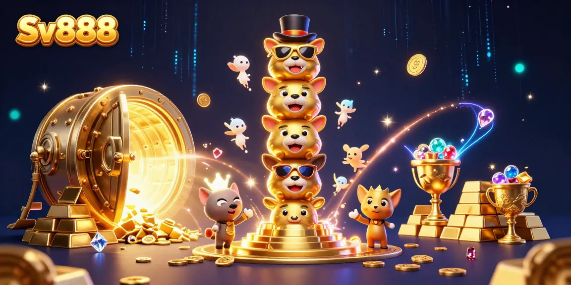 Join the excitement at Sv888 with a dazzling casino scene featuring a whimsical golden totem and riches galore.