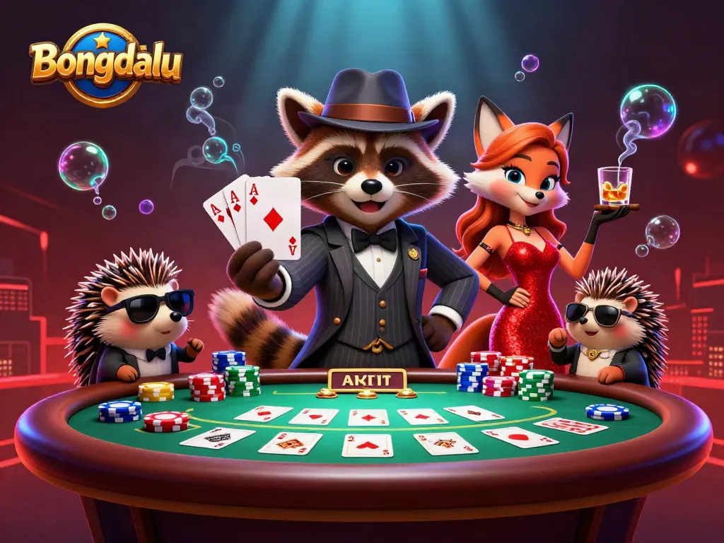 Engage with Bongdalu's vibrant poker scene showcasing a suave raccoon, glamorous fox, and bouncer amidst a festive gaming atmosphere.