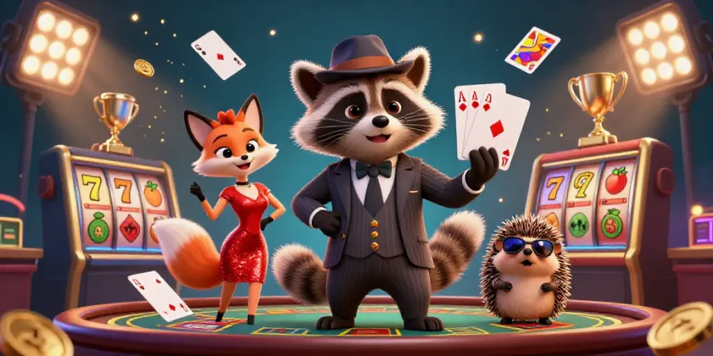 Experience thrilling gameplay with idlix web in an exciting casino scene featuring a raccoon, fox, and hedgehog.