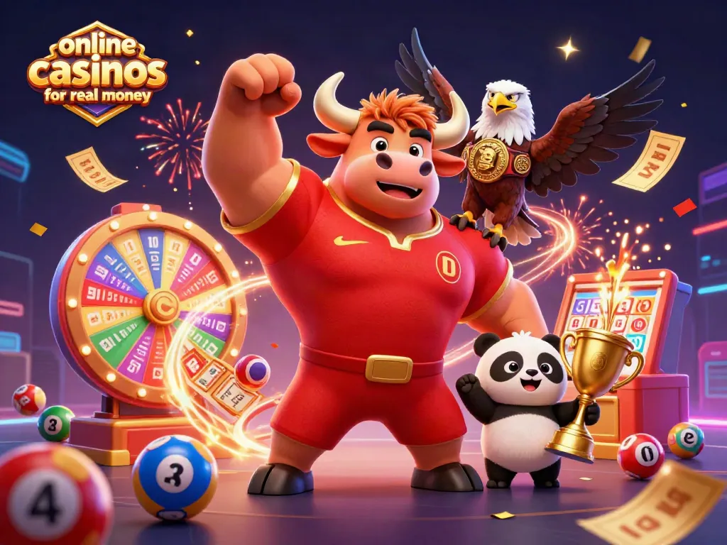 Engage with online casinos for real money as a bull mascot celebrates wins with friends and dynamic gaming elements.
