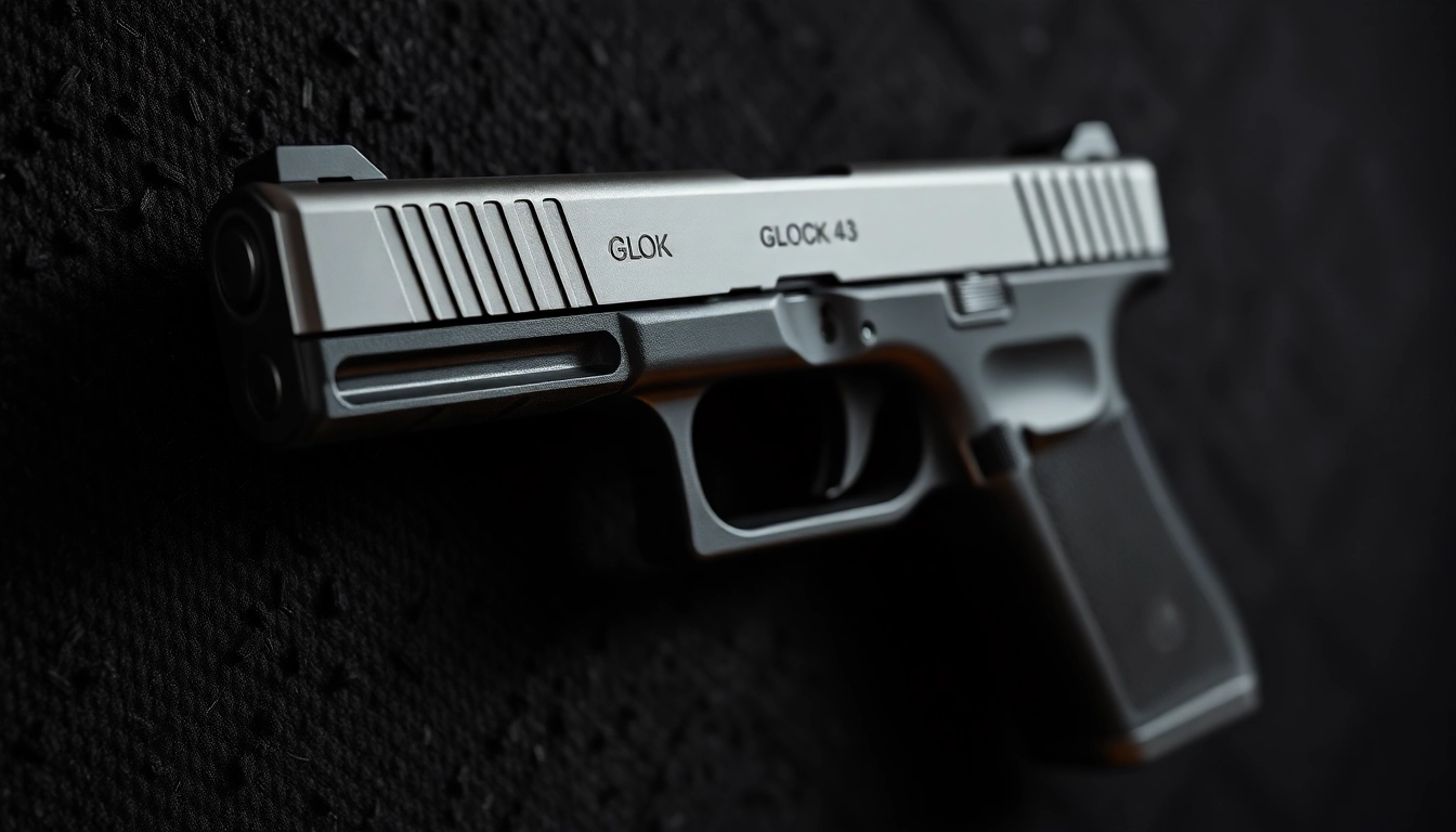 Showcase of glock 43 slide mos highlighting its precision design and features in an elegant setting.