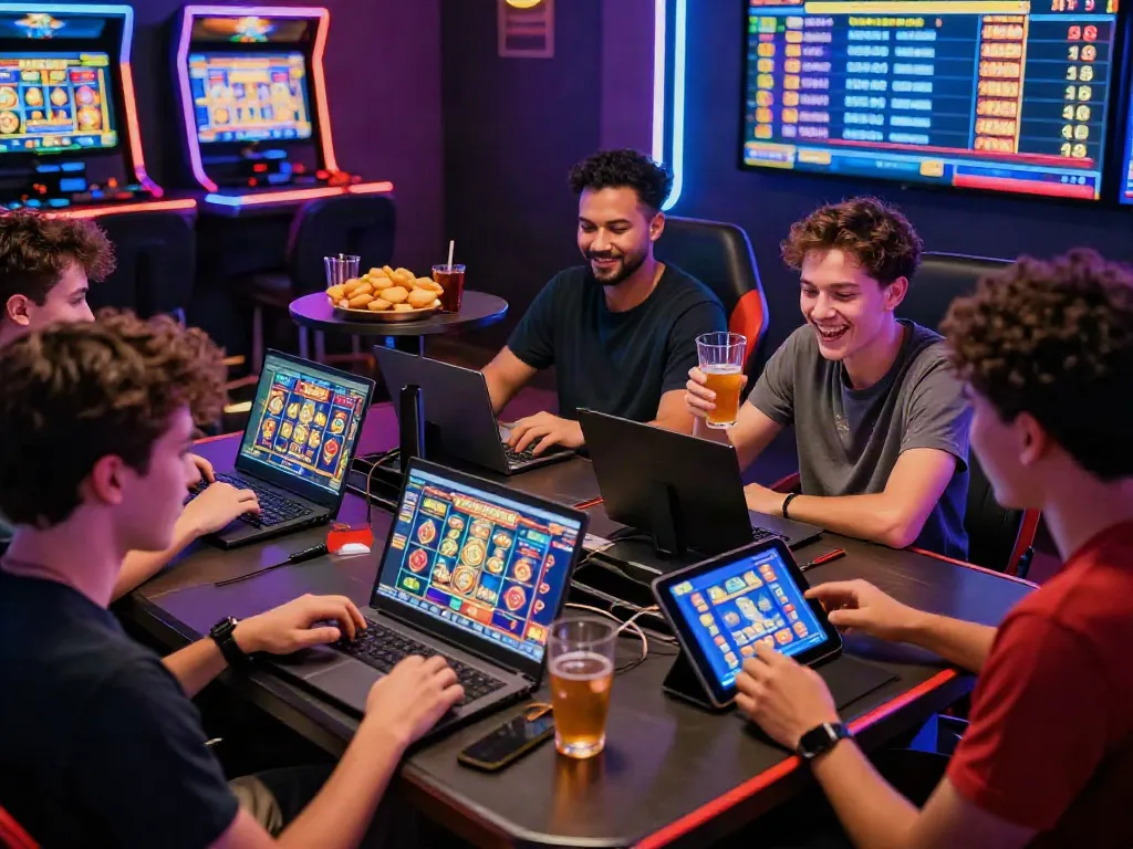 Enthusiastic gamers engaging with slot gacor online games in a vibrant casino-like atmosphere