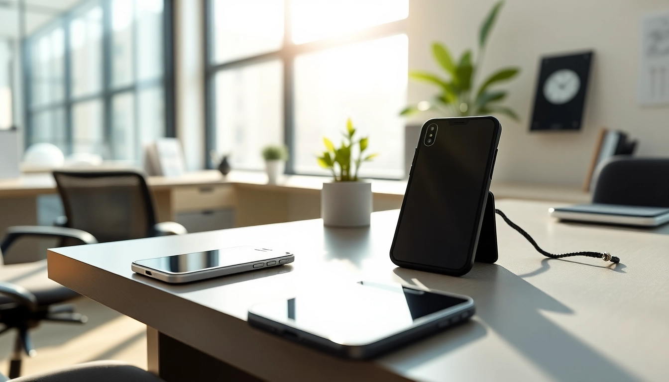 Showcasing modern business phones on a stylish desk, emphasizing professional workplace design.