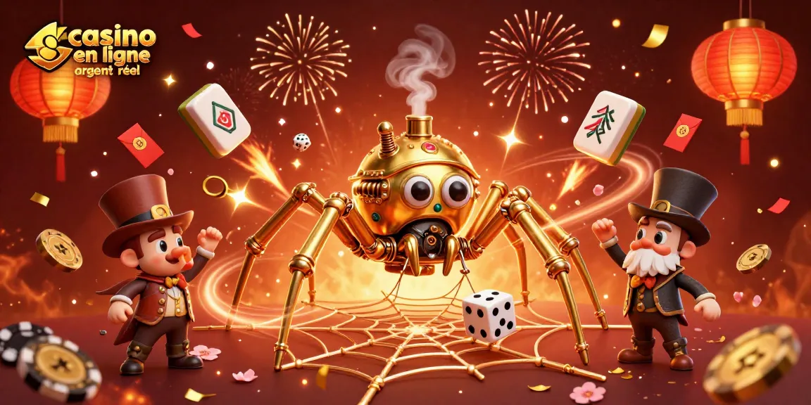 Jouer au casino en ligne argent réel avec une illustration captivante d'une araignée steampunk dorée et des éléments festifs.