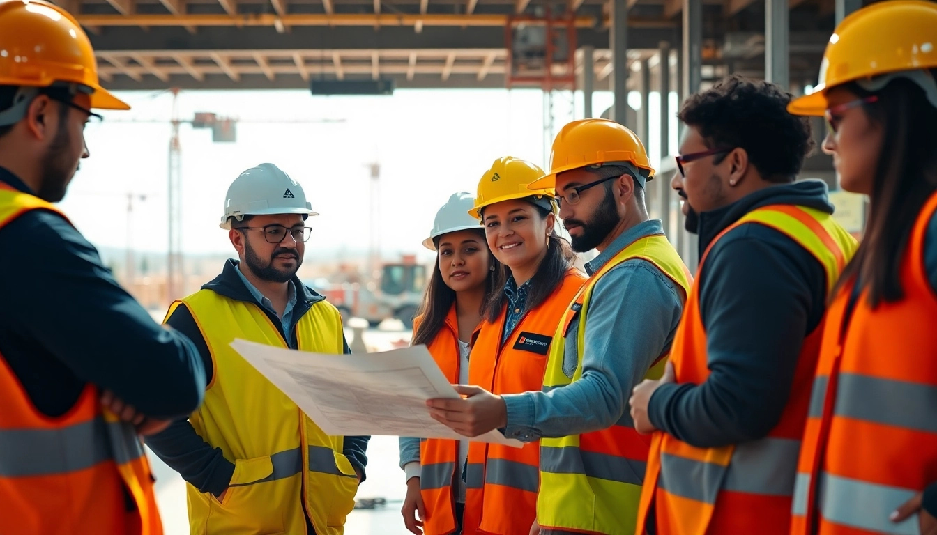 Team discussing a contractor safety program California in a lively construction setting.