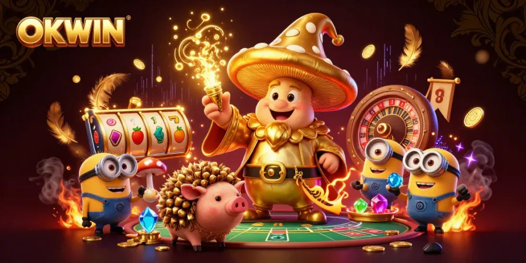OKWIN promo featuring magical golden wizard with casino elements, evoking thrilling gaming energy.