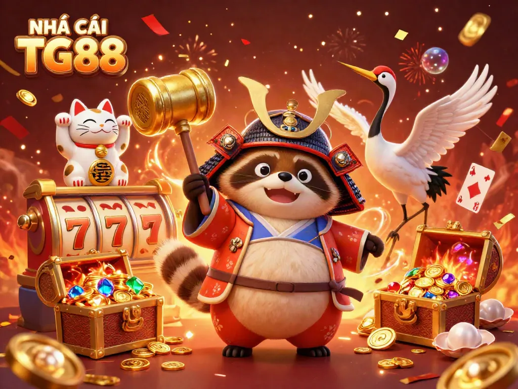 Engage with NHÀ CÁI TG88 featuring a cheerful tanuki in a festival outfit, celebrating a vibrant casino atmosphere.