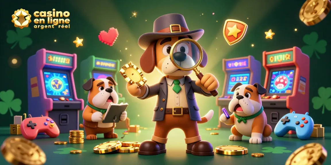 Illustration 3D captivante avec un détective et son ami bulldog, explorant un casino en ligne argent réel.