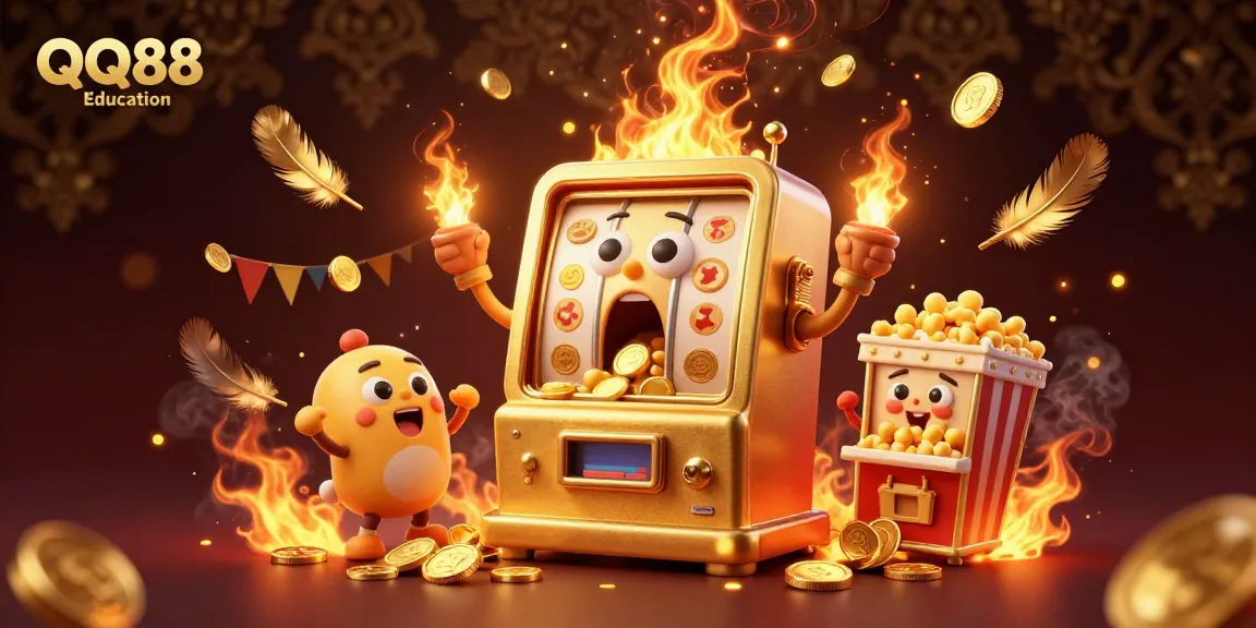 Experience excitement at QQ88 Education as a golden slot machine hits a jackpot amidst cheering allies.