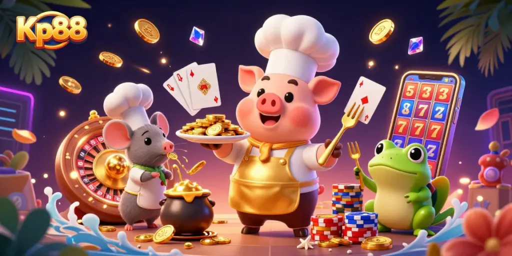 Kp88 delivers thrilling gameplay with vibrant casino elements, featuring gold coins and a dynamic chef scene.