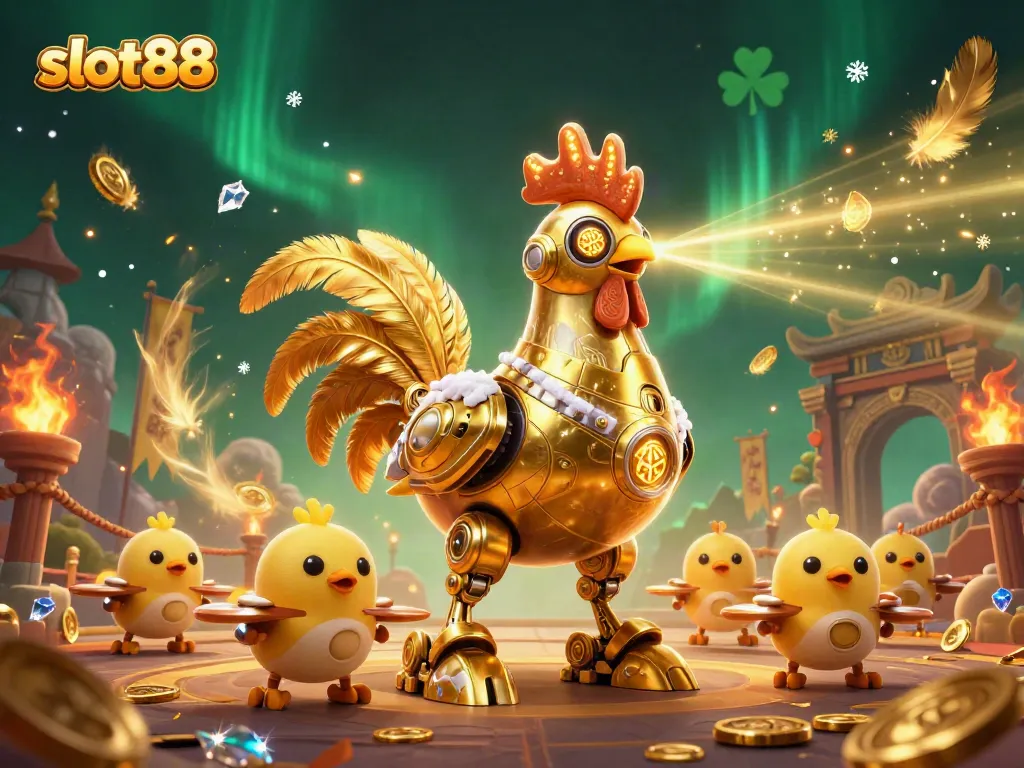 Experience engaging action with slot88 while golden rooster robots and drones illuminate a vibrant casino scene.