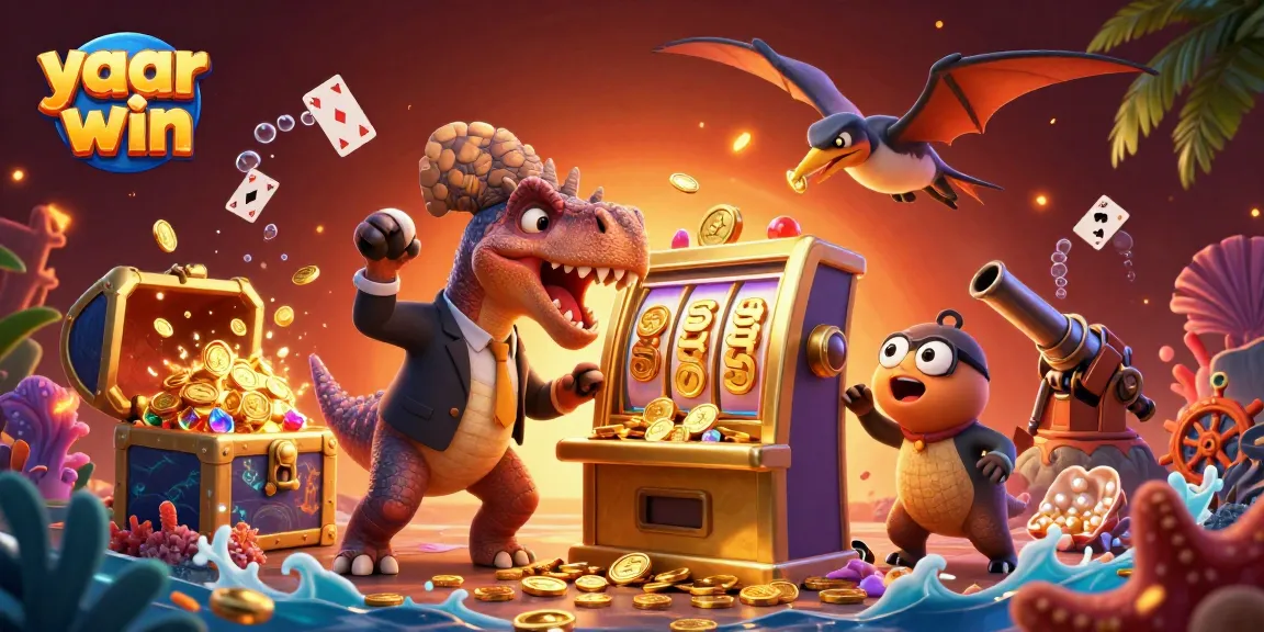 Experience yaar win excitement as a pachycephalosaurus celebrates a jackpot while coins rain down!