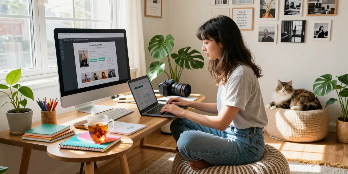 Check out our blog featuring vibrant home office scenes with a creative lifestyle blogger immersed in work.