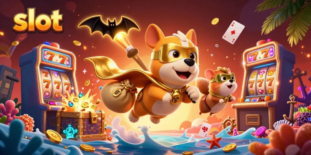 Slot menampilkan karakter superhero anjing dengan koin emas dalam suasana kasino yang meriah.
