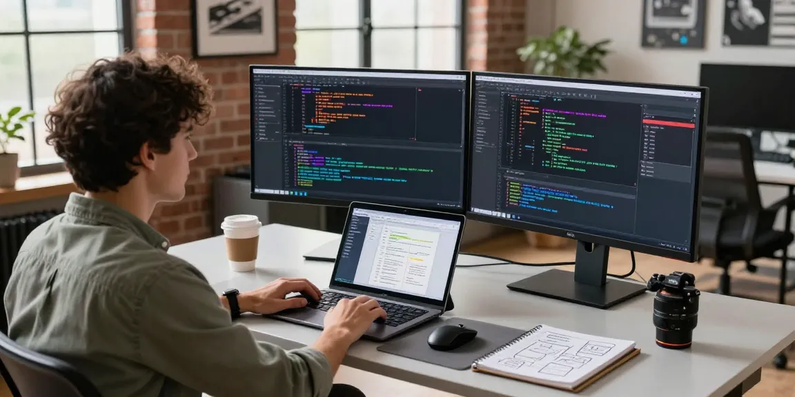 Software engineer at https://www.bdtjl.app/ workspace coding with monitors and modern tech elements.