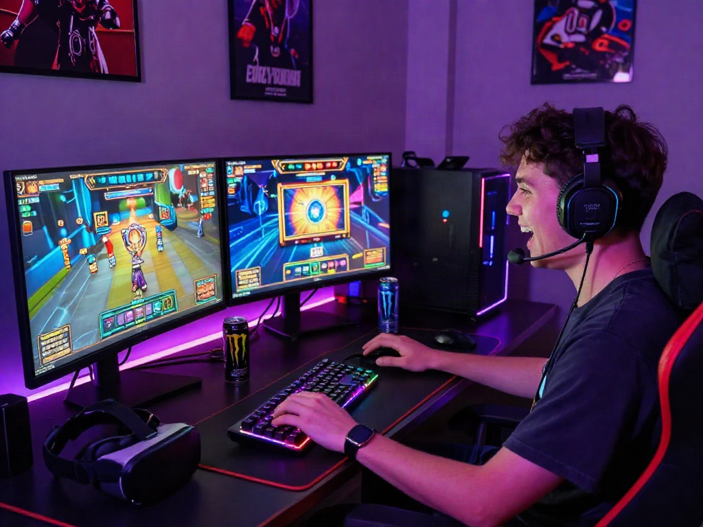 Exciting online slot deposit qris gaming scene with player immersed in vibrant gameplay and dynamic environment.