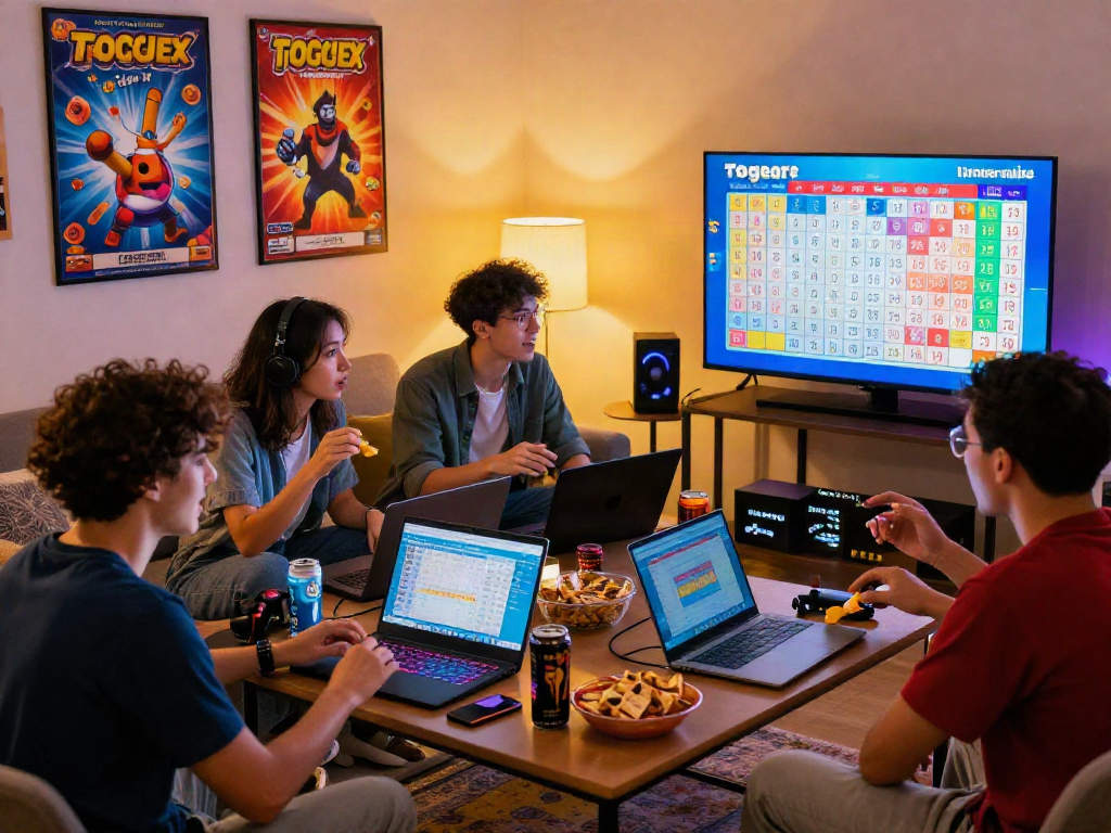 Friends enjoying togel online game together in a cozy living room setting.