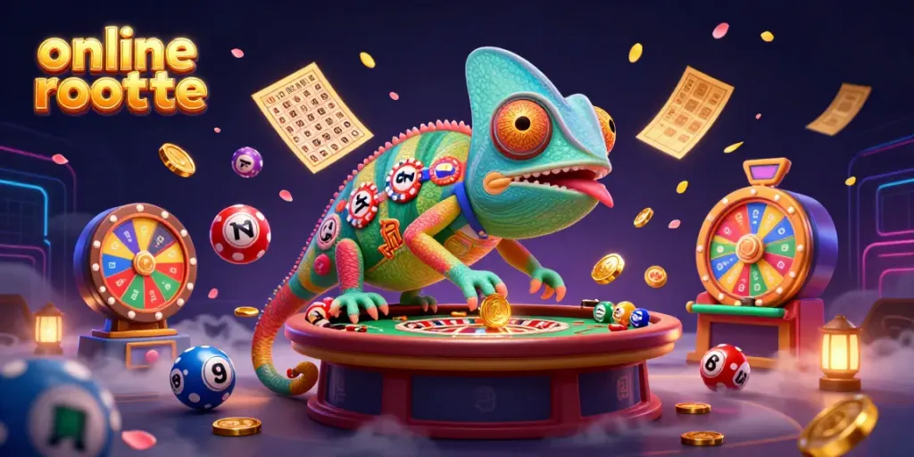 Experience online roulette with a vibrant scene featuring a colorful chameleon casino owner.